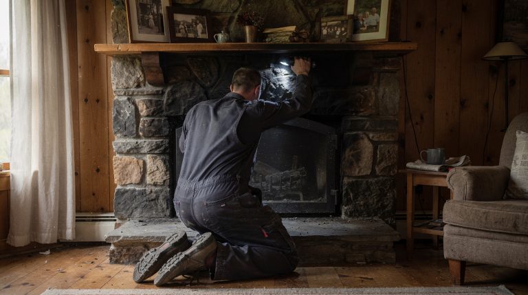 Ramoneur inspectant un conduit de cheminée avec une lampe torche