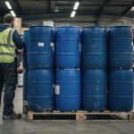 Rangée de fûts de 200 litres en plastique sur palette dans un entrepôt