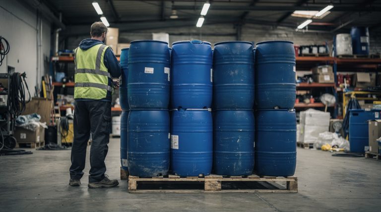 Rangée de fûts de 200 litres en plastique sur palette dans un entrepôt