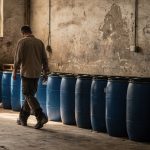 Rangée de fûts plastique bleus de 200 litres dans un entrepôt