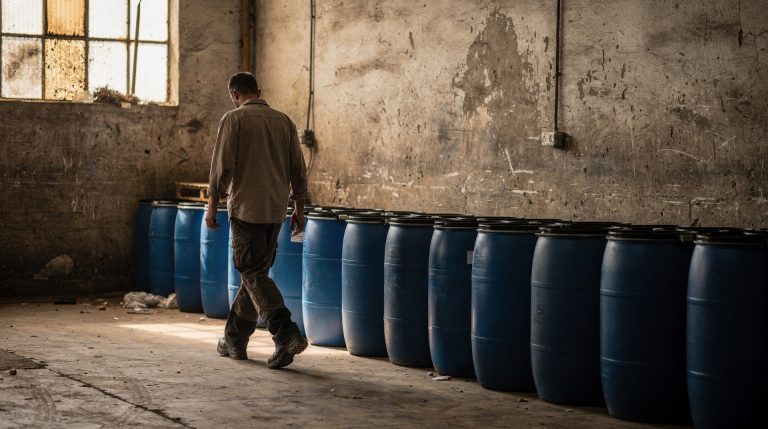 Rangée de fûts plastique bleus de 200 litres dans un entrepôt