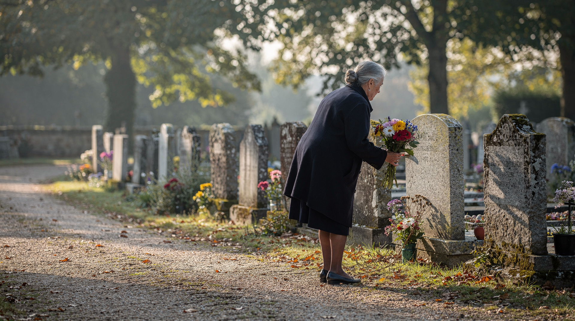Rangée de monuments funéraires en granit dans un cimetière français