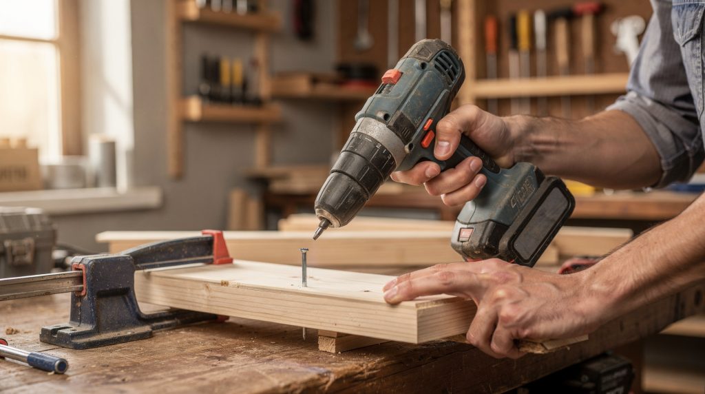 Un bricoleur utilisant une perceuse-visseuse sans fil dans son atelier de bricolage