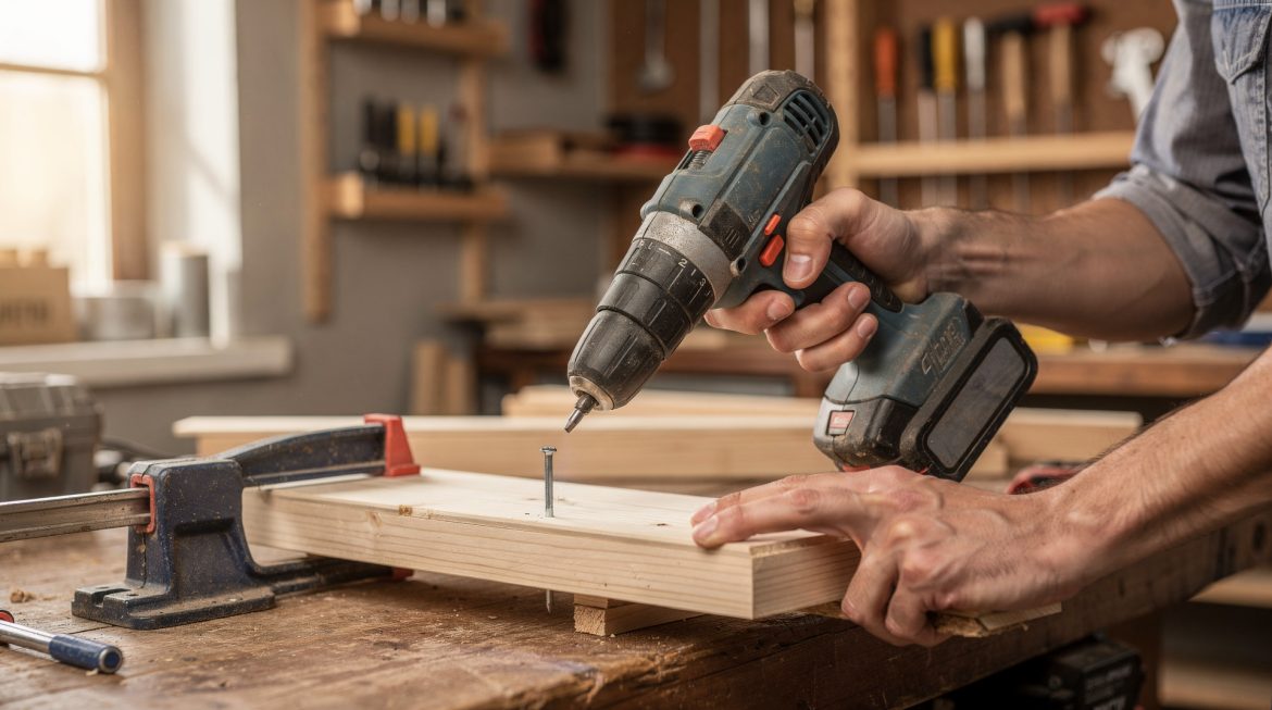 Un bricoleur utilisant une perceuse-visseuse sans fil dans son atelier de bricolage