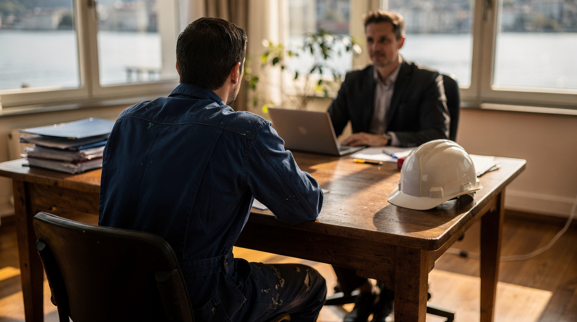 Artisan genevois consultant ses documents comptables avec un conseiller