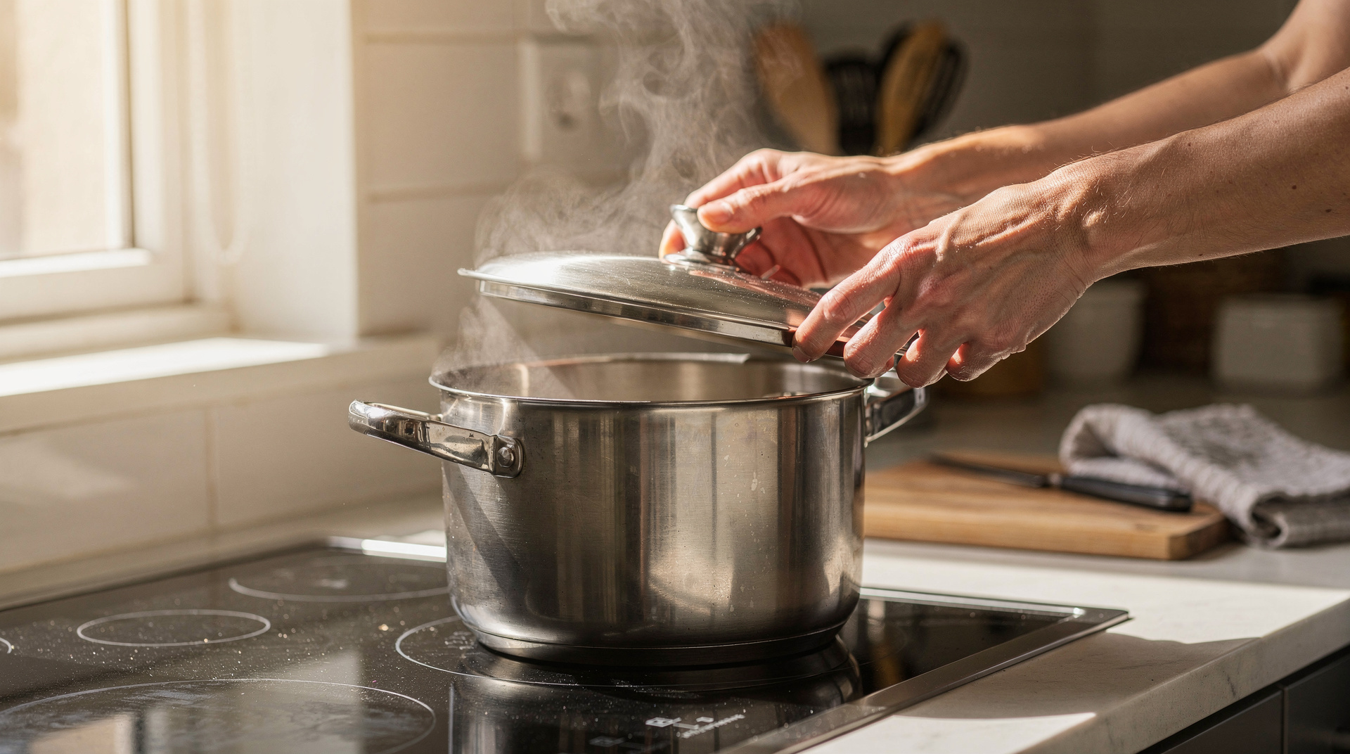 Casserole couverte sur une plaque de cuisson en cuisine