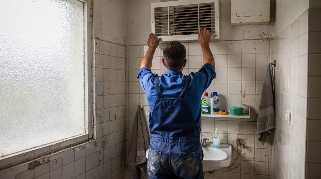 Chauffagiste en bleu de travail inspectant une bouche VMC encrassée dans une salle de bain