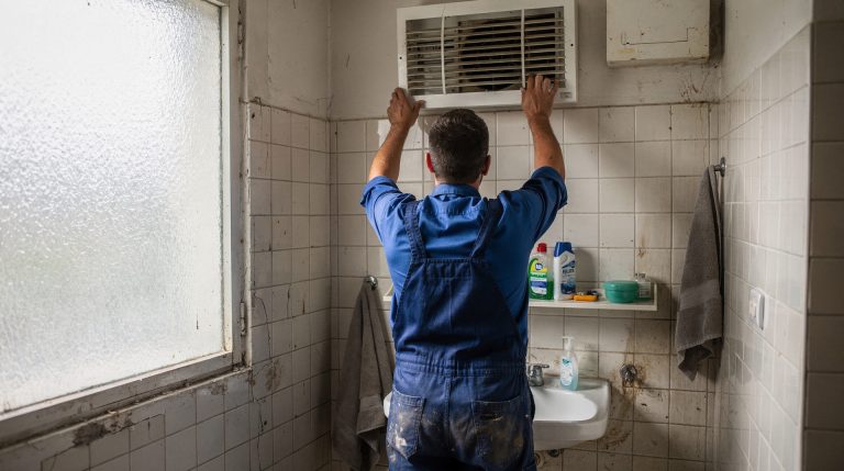 Chauffagiste en bleu de travail inspectant une bouche VMC encrassée dans une salle de bain