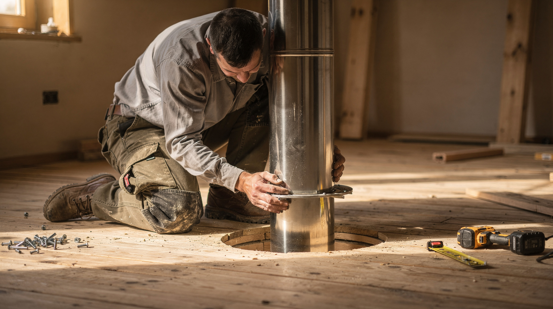 Conduit double paroi traversant un plancher en bois