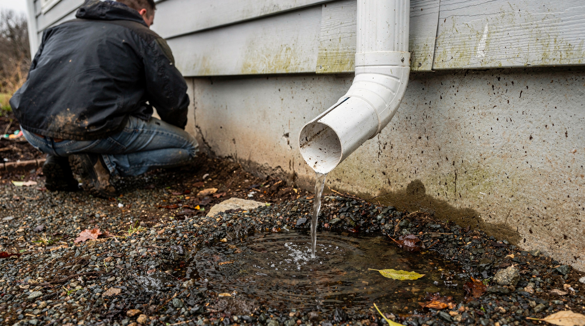 Eau s'écoulant à la base d'une descente pluviale