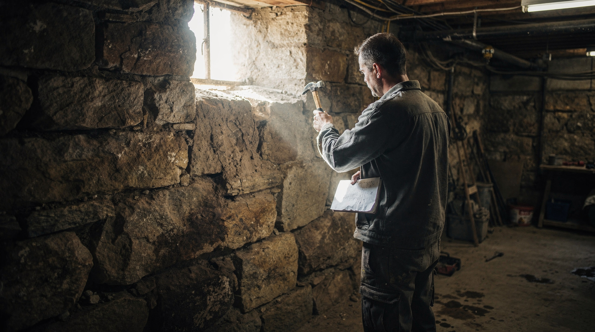 Expert bâtiment inspectant un mur de cave