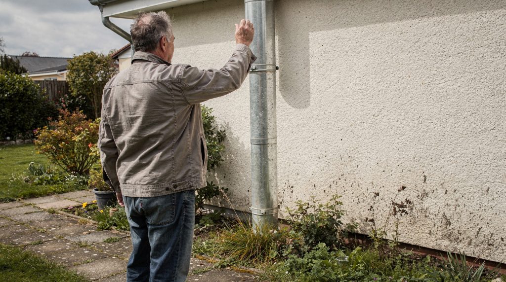 Homme inspectant un conduit de poêle sur la façade de sa maison