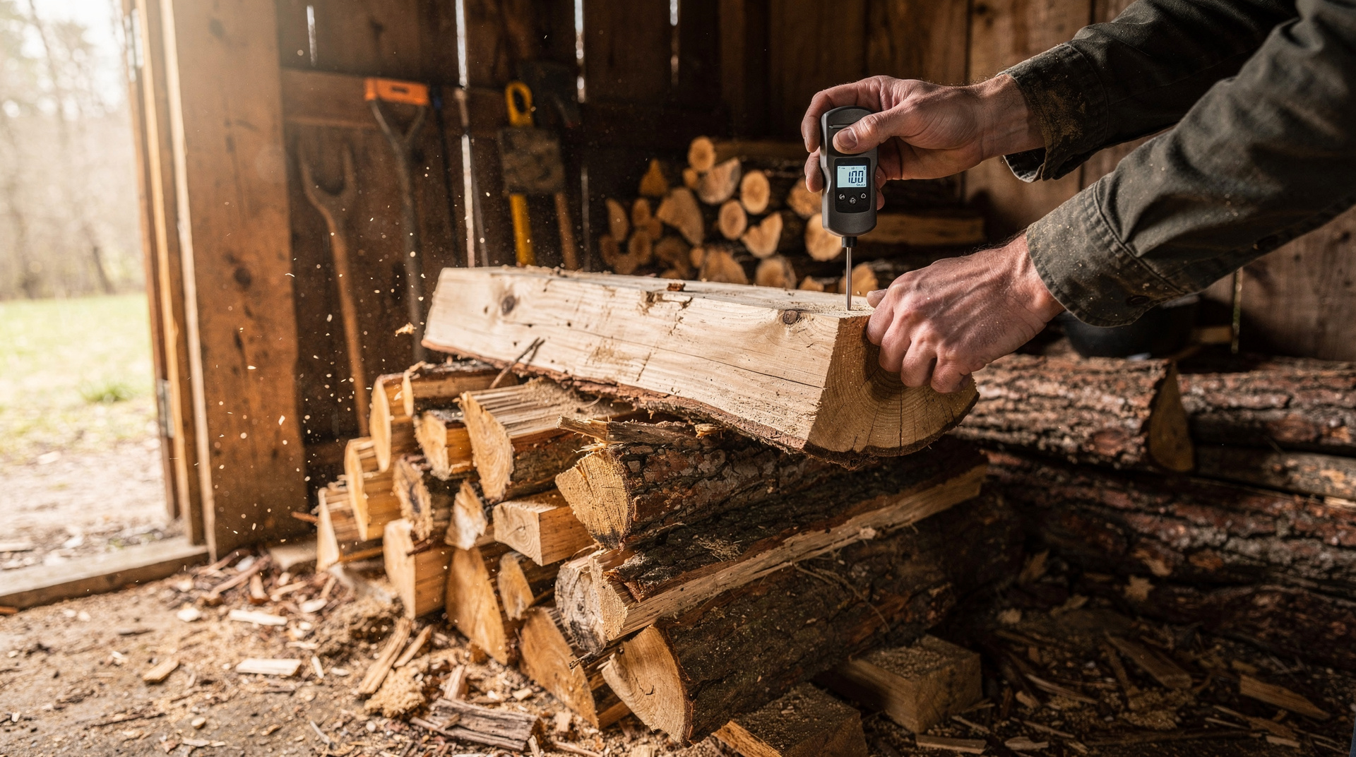 Hygromètre à bois planté dans des bûches pour mesurer le taux d'humidité résiduelle
