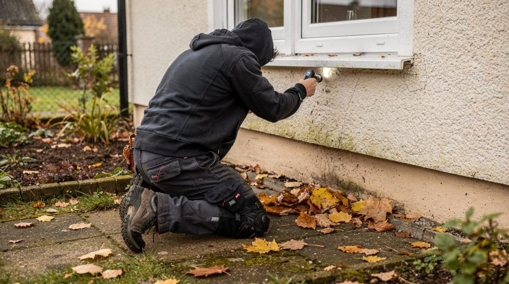 Menuisier inspectant le bas d'une fenêtre PVC en automne