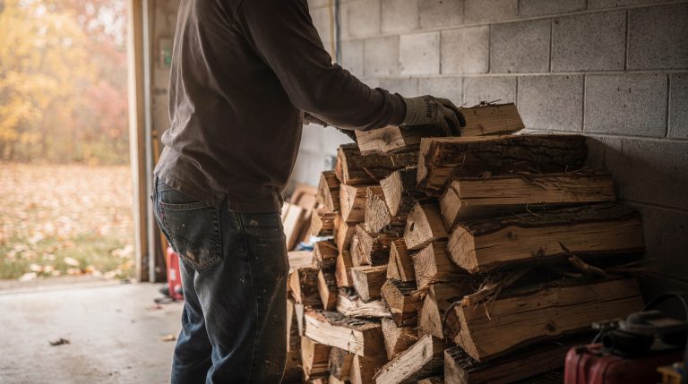 Pile de bûches de bois de chauffage stockée contre le mur intérieur d'un garage attenant
