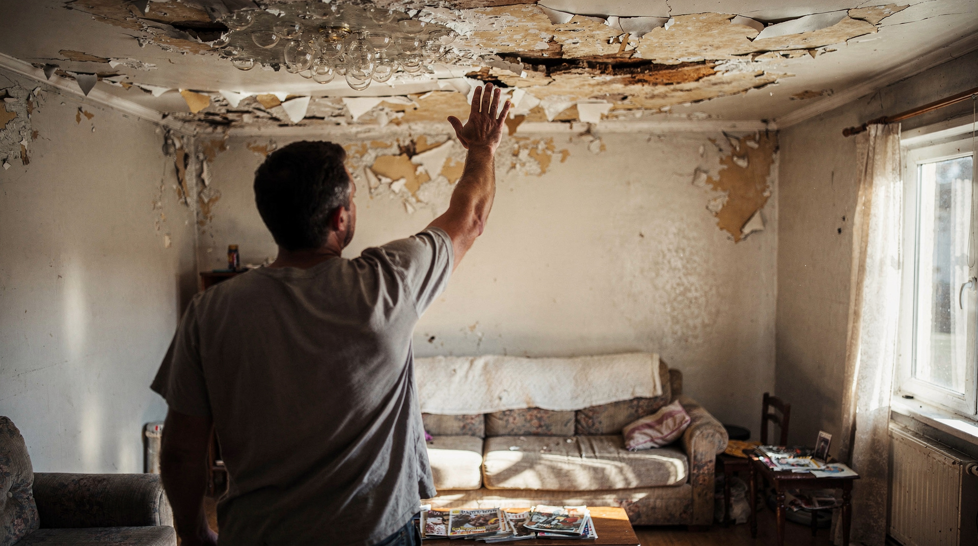 Plafond avec des zones de peinture décollée et des cloques