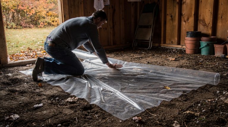 Pose d'un film polyane avant coulage de dalle béton dans un abri de jardin