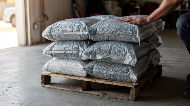 Sacs de granulés de bois empilés sur une palette en bois dans un garage