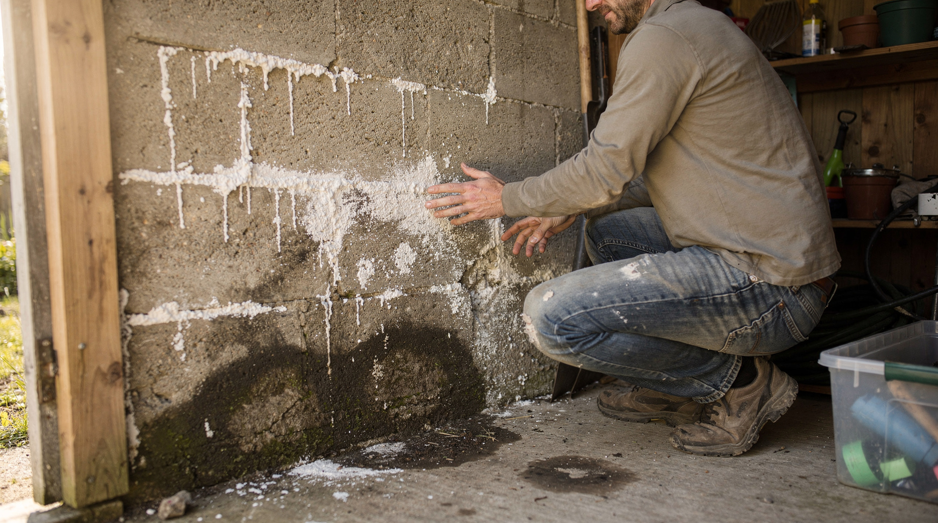 Traces d'humidité et efflorescences blanches en pied de mur